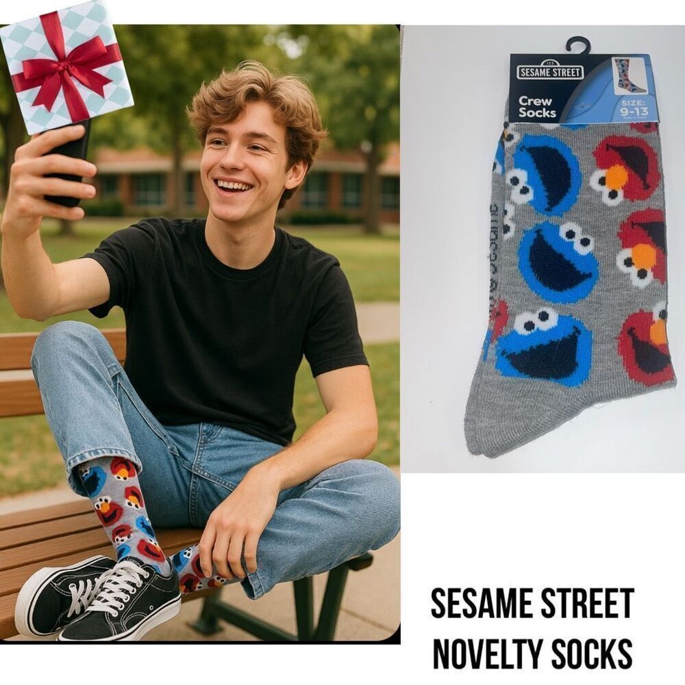 Sesame Street Elmo & Cookie Monster Gray Crew Socks Unisex One Size